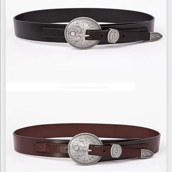 Vintage Style Genuine leather Belt with Floral Engraved Pattern Buckle - Picture 12 of 14